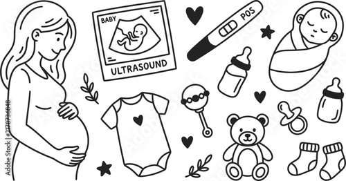 Pregnancy and newborn baby shower line art set with pregnant woman ultrasound and baby care items