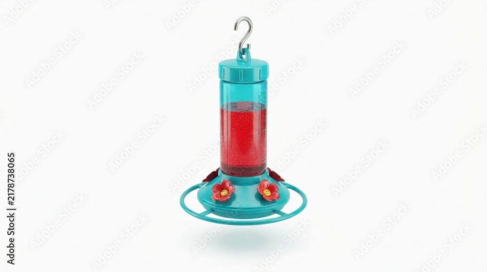 Fototapeta premium Modern hummingbird feeder with red liquid and flower ports isolated on a clean white background
