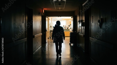Silhouette of Nurse Walking Down Hospital Corridor Towards Bright Light