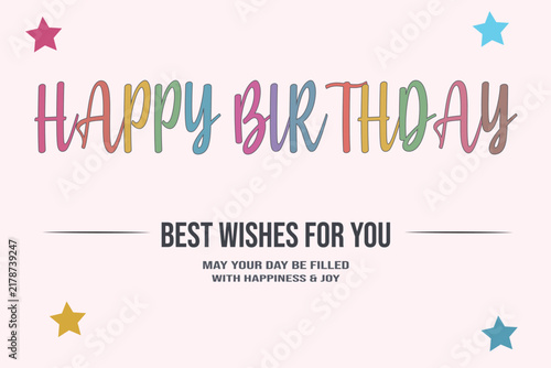 Happy Birthday Greeting Card with Colorful Lettering and Stars.