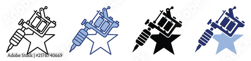 Tattoo machine icon set with star symbol in various styles including outline solid and duotone vector