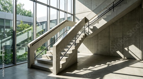 Minimalist concrete staircase in modern building with large glass windows and natural lighting