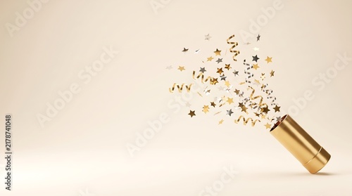 Festive Celebration Background with Golden Party Popper, Confetti and Streamers