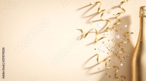 Festive Celebration Background with Golden Party Popper, Confetti and Streamers
