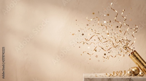 Festive Celebration Background with Golden Party Popper, Confetti and Streamers