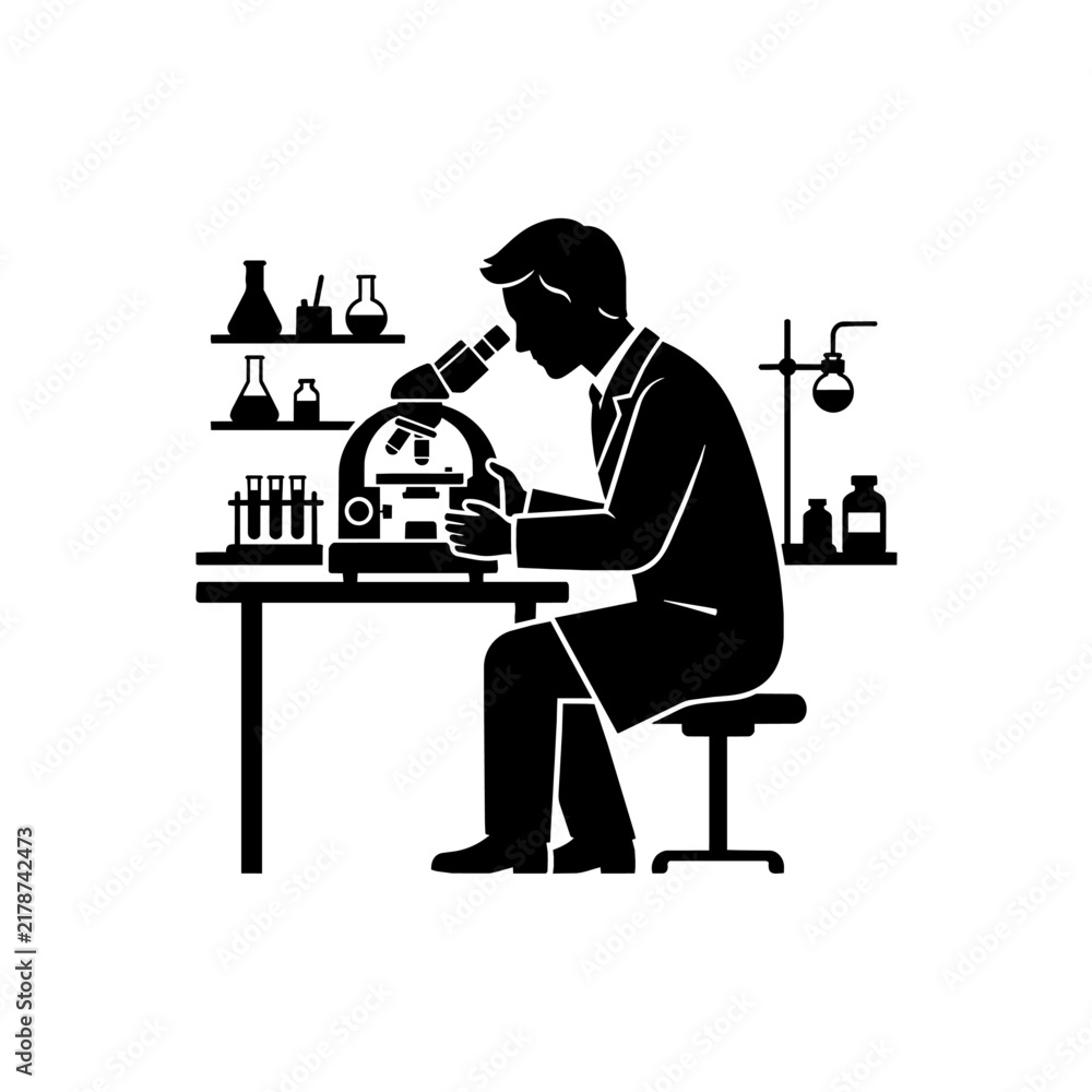 Fototapeta premium Scientist looking through microscope in laboratory vector illustration