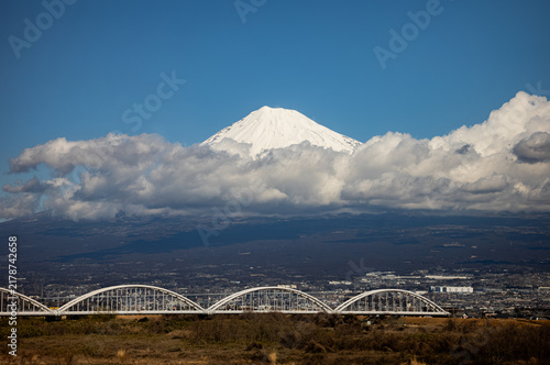 View of Mount Fuji from the shinkansen bullet train in Japan.