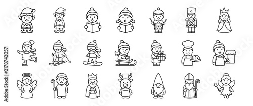 Canvas Print Black and white line art icons of festive characters including elves, carolers,