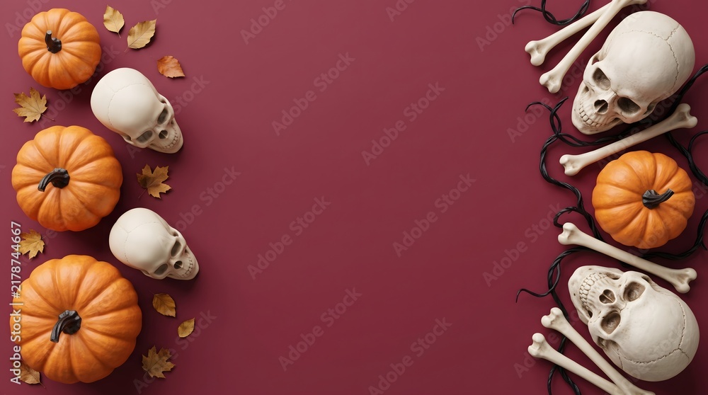 Fototapeta premium Top view of a spooky halloween background featuring human skulls pumpkins and bones arranged on a dark purple surface flat lay