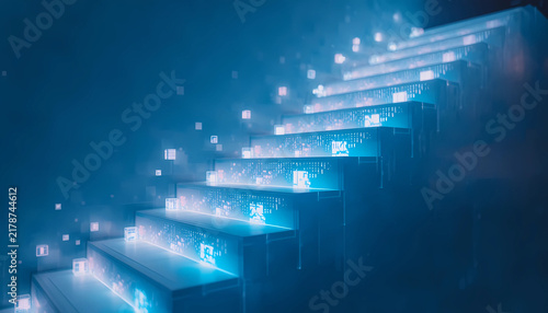 Glowing futuristic steps leading upward with digital code and binary data illuminating a dark abstract space glowing stairs career growth business success