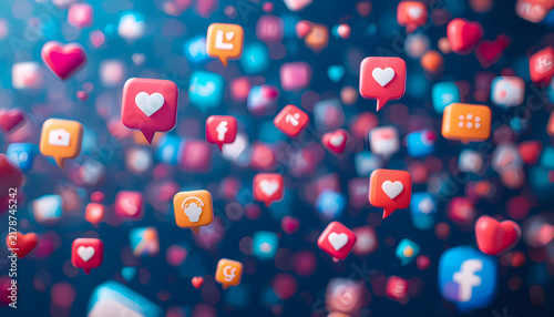Social media icons and heart notification bubbles floating against a dark background with like icon notification bubble communication icons internet community