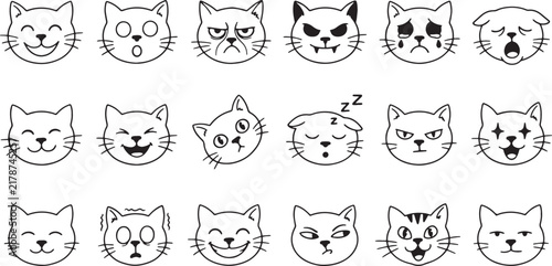 Doodle set of cat facial expressions, hand drawn vector icons, black outline illustration for cute kitten emotions concept.