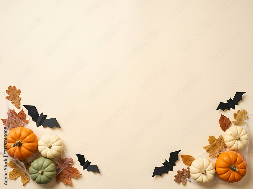 Fototapeta premium Halloween holiday background with autumn pumpkins paper bats and fallen leaves flat lay with copy space