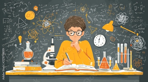 Science Student Studying for Exams with Laboratory Tools and Scientific Materials