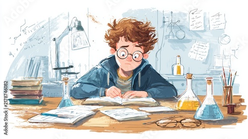 Young Student Studying Science for Exams with Laboratory Tools and Educational Materials
