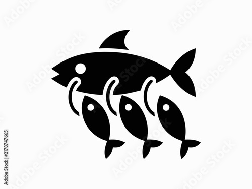 Cute Cartoon Fish Family with Three Small Fish – Black and White Marine Illustration
