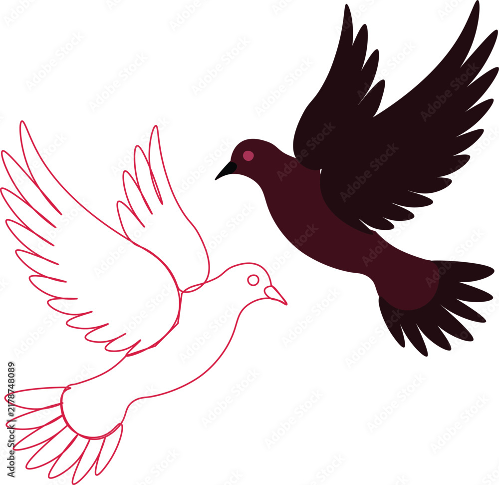 Fototapeta premium Peace Dove with Heart Vector Illustration, Flying Bird Symbolizing Love, Freedom and Harmony, Elegant Winged Pigeon Silhouette for Nature, Wedding and Inspirational Design
