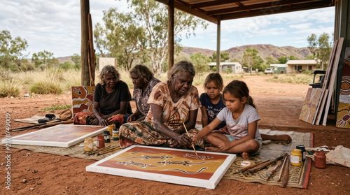 Indigenous Australian elders and children painting together outdoors.