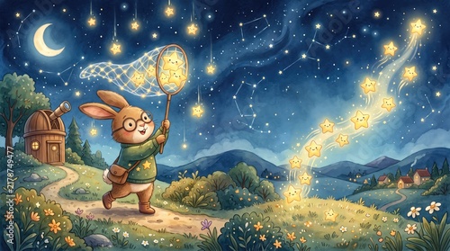 Cute rabbit catching stars with net, magical forest landscape, fantasy illustration