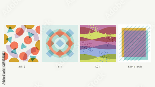 Assorted geometric patterns showcase a flat vector style with pastel color palettes abstract shapes circles triangles polygons lines stripes