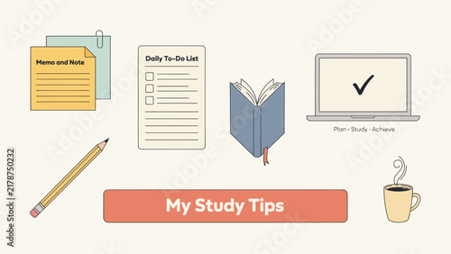 A collection of study materials and tools is depicted in a flat vector illustration learning education school college university