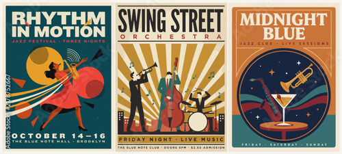 Vibrant jazz posters celebrate rhythm, swing, and nightlife. Dancers sway with energy, musicians shine with passion. Sunburst designs glow beneath bold, rhythmic typography. Perfect for music venues