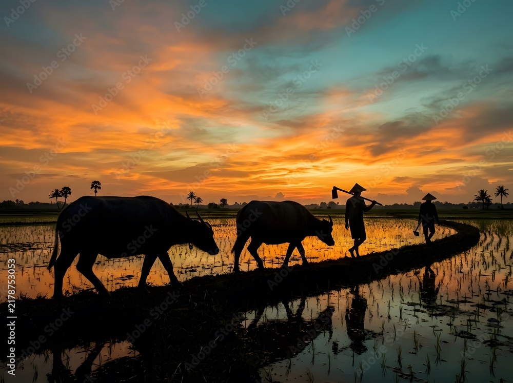 Fototapeta premium Farmers and buffaloes walking in rice paddies during golden sunset