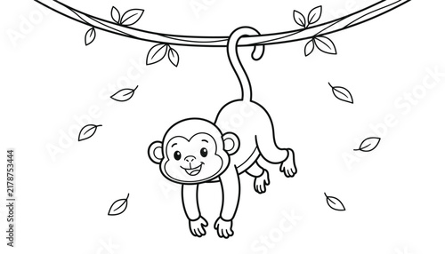 Photography Cute monkey hanging from vine vector coloring page