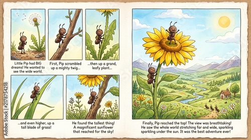 Cute Ant Climbing Sunflower Adventure Story Illustration