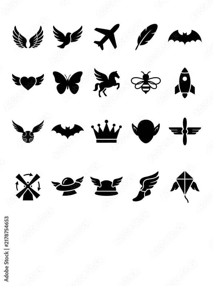 Obraz premium Diverse Black Silhouette Icons of Flight Fantasy and Airborne Elements
