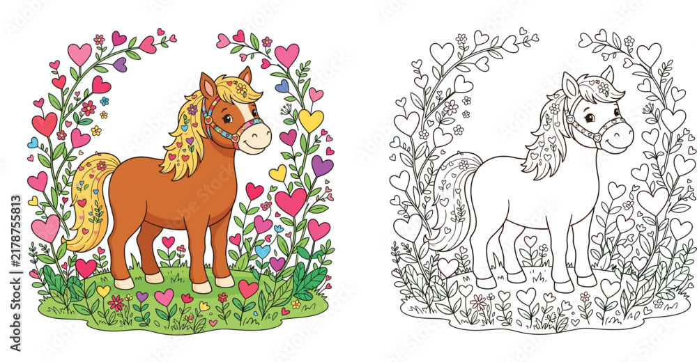 Fototapeta premium Cute cartoon pony horse in a field of heart flowers illustration set with black and white coloring page version for kids activities