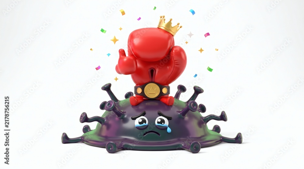 Fototapeta premium Cute red boxing glove character wearing a crown celebrates victory over a defeated virus cell