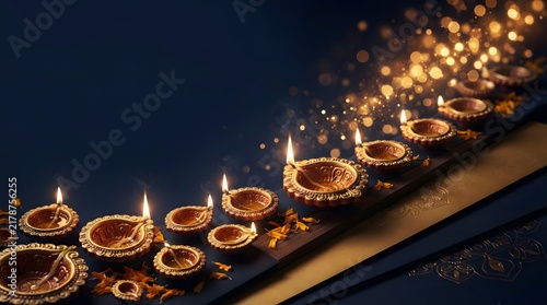 Rows of lit traditional oil lamps illuminate a dark background for diwali celebrations