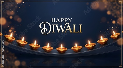 Happy diwali celebration with traditional oil lamps and a dark blue background