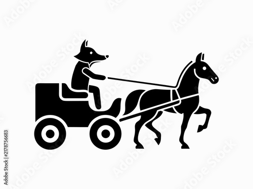 Horse Pulling a Wagon with a Child – Black and White Illustration