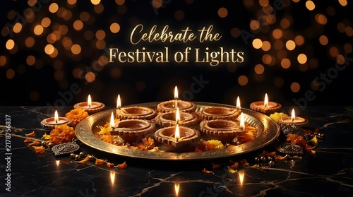 Celebration of diwali with lit oil lamps and colorful decorations on a dark surface