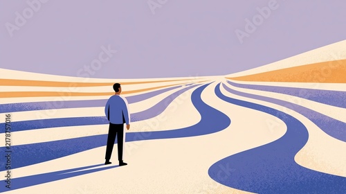 Person facing multiple winding paths merging into a single clear route