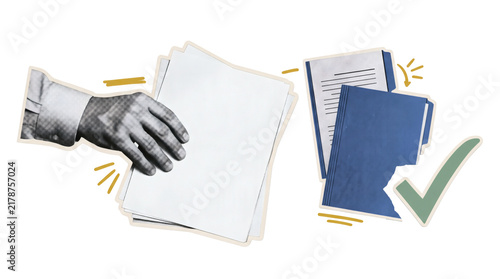Hand processing blank documents into organized blue folders with approval check for office filing and records management. Retro collage cutout with transparent background and isolated elements.