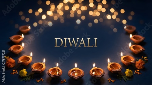 Diwali celebration with glowing oil lamps arranged in a circular frame with text