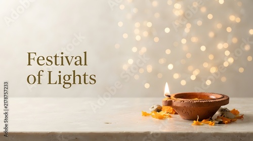 Traditional clay lamp with flickering flame and bokeh lights for diwali celebration