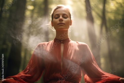 Serene young woman meditating in a mystical forest with soft light filtering through the trees