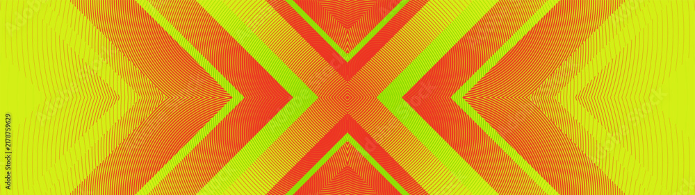 Obraz premium Neon lime backdrop mirrored optical transition of dense concentric arches and sharp zigzag strokes, geometric halftone texture with overlapping fiery orange striped chevron paths and X shapes