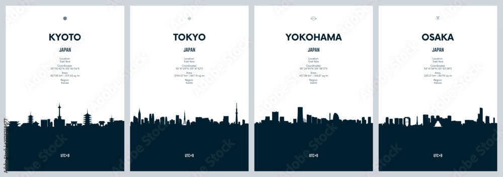 Obraz premium Set of travel posters with city skylines Kyoto, Tokyo, Yokohama, Osaka, Detailed minimalistic panorama of the urban silhouette, Black and white printable artwork, vector graphic