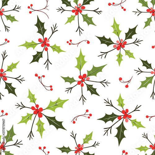Holly berry and leaf floral ornament displays a repeating pattern on a white background leaves