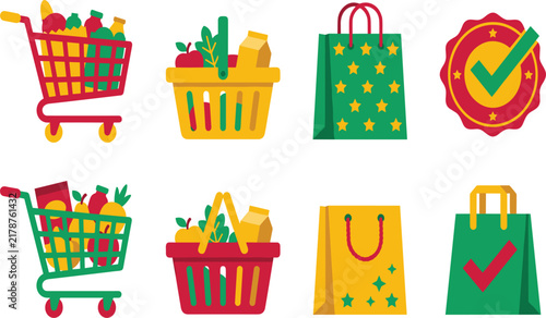 Flat Design Grocery Shopping Vector Icon Set with Full Trolley Basket Paper Gift Bag and Quality Approved Checkmark Badges for Retail Supermarket Commercial Store Designs