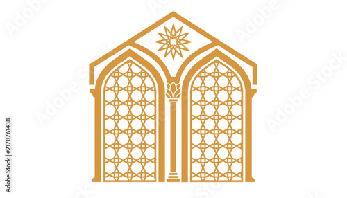 Golden vector illustration of a double Islamic arch window with geometric patterns