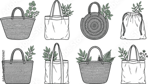 Eco Friendly Tote Bag and Woven Straw Basket Line Art Vector Collection Set with Botanical Green Leaves for Sustainable Shopping and Zero Waste Retail Designs
