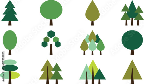 Minimalist Flat Geometric Tree Icon Vector Collection Set with Various Green Abstract Plant Shapes for Environment Infrastructure Architecture and Map Interface Designs