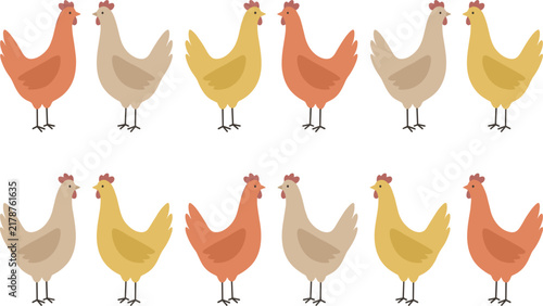 Minimalist Cartoon Hen and Chicken Vector Graphic Collection Set in Earthy Pastel Tones for Modern Farmhouse Decor and Textile Pattern Surface Designs