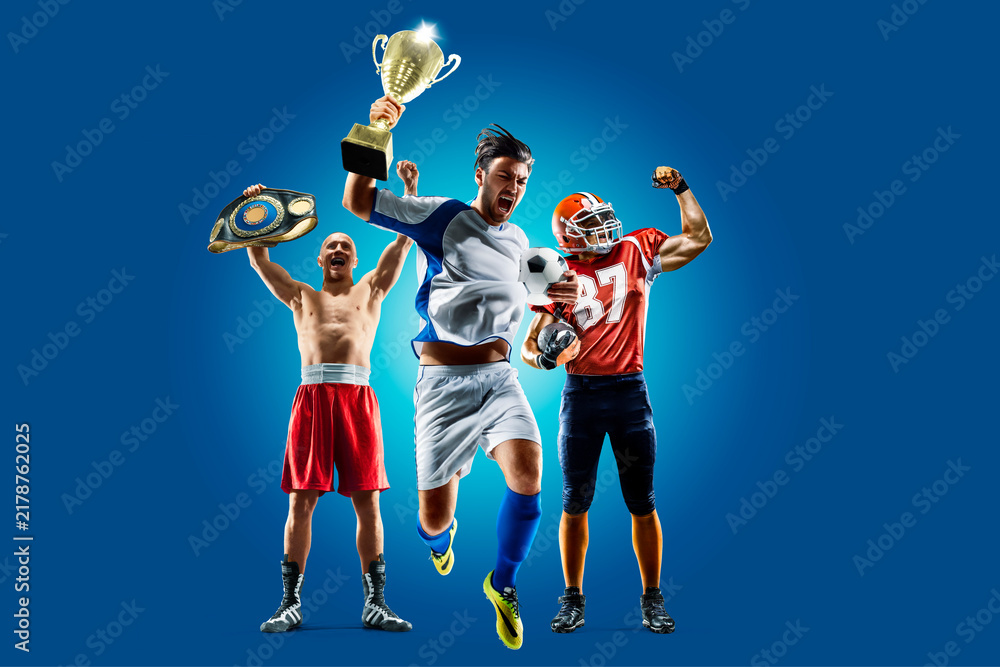 Obraz premium Sports concept. Professional athlete isolated on a blue background. Athlete in action. Sport
